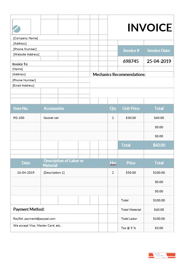 Mechanic Invoice Template PSD template